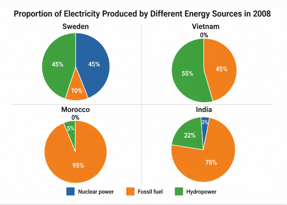 The pie charts show the proportion of electricity produced by different energy sources in four countries in 2008.