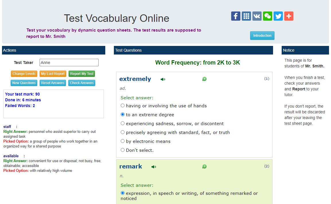 Vocabulary Test Online - Sheet