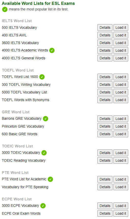 Wordlists for ESL students